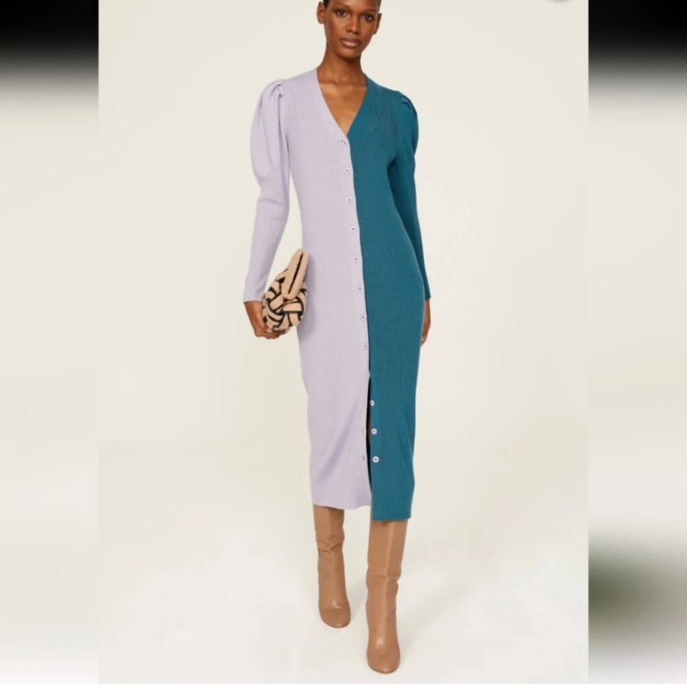 Busayo Collective M Colorblock Wool Sweater Dress Midi Puff Sleeve Lavender Teal